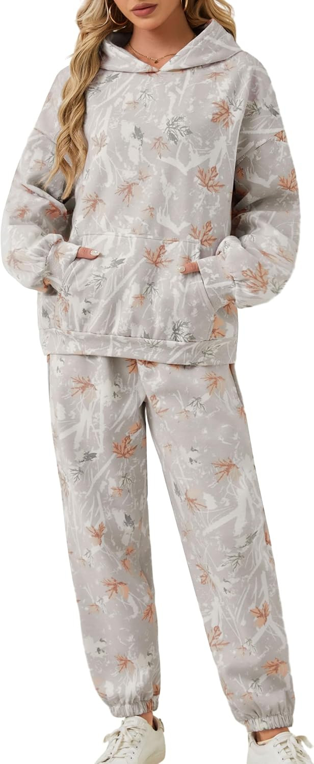 Camo Sweatsuits for Women Set 2 Piece Camo Hoodies Maple Leaf Print Oversized Sweatshirt Lounge Sets Fall Outfits | Amazon (US)