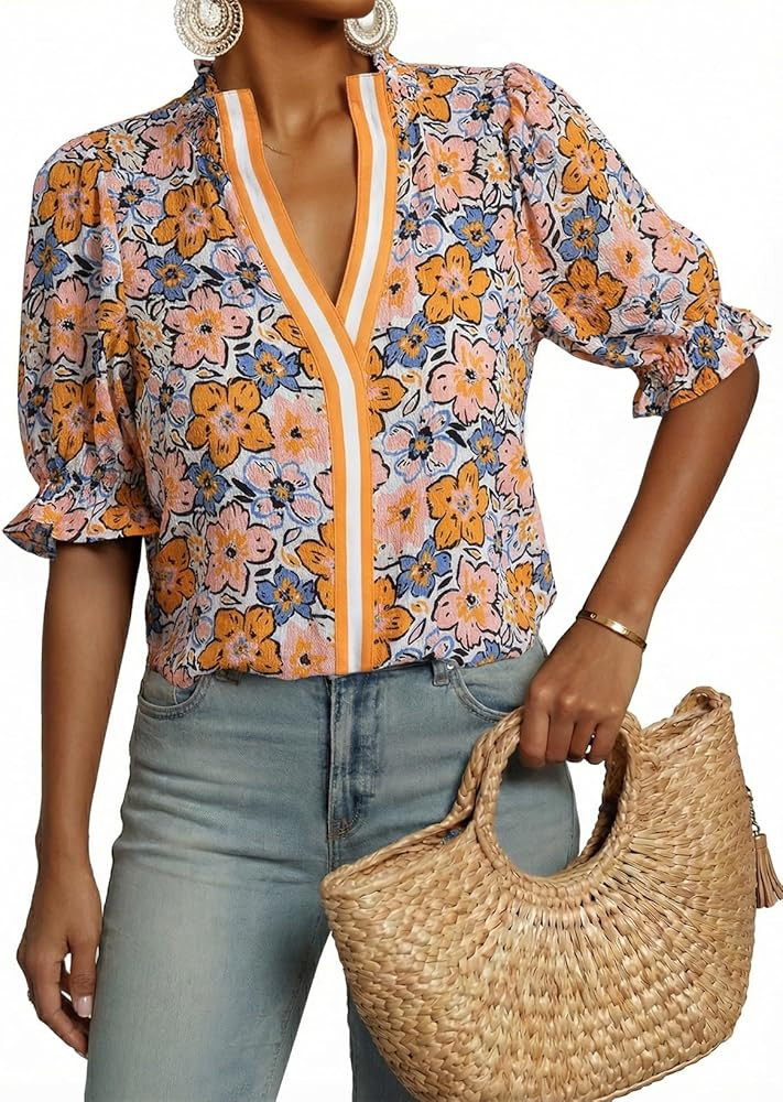 Dokotoo Women's Summer Boho Floral Ruffle Shirt Puff Short Sleeve V Neck Casual Trendy Cute Blous... | Amazon (US)