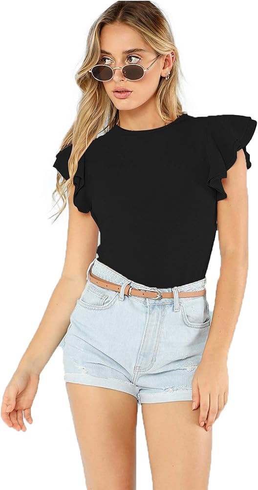 Romwe Women's Round Neck Layered Ruffle Short Sleeve Bodysuit | Amazon (US)