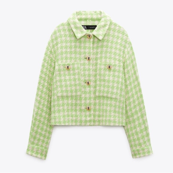 Zara crop gold button green and white jacket | Poshmark
