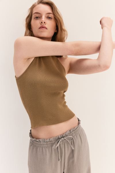 Rib-knit Cross-back Sleeveless Top - Dark beige - Ladies | H&M US | H&M (US + CA)