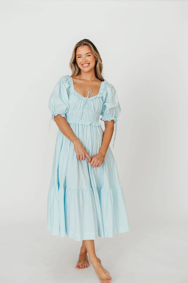 100% Cotton Crissy Ruched Midi Dress in Baby Blue - Bump Friendly PRE- | Worth Collective