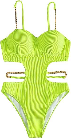 MakeMeChic Women's Chain Push Up Cut Out One Piece Swimsuit Ribbed Monokini Bathing Suit | Amazon (US)