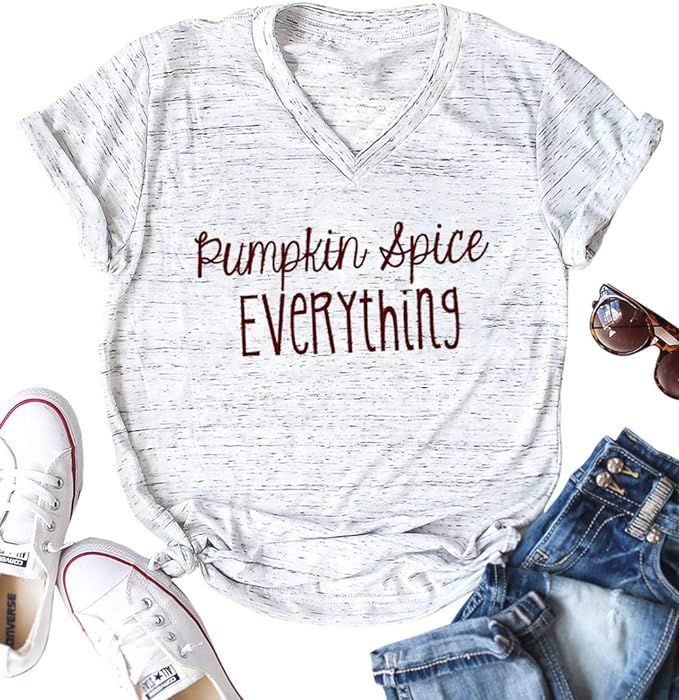 Pumpkin Spice Everything Funny T-Shirt Women Casual Thanksgiving Pumpkin Blouse Tops Tee | Amazon (US)