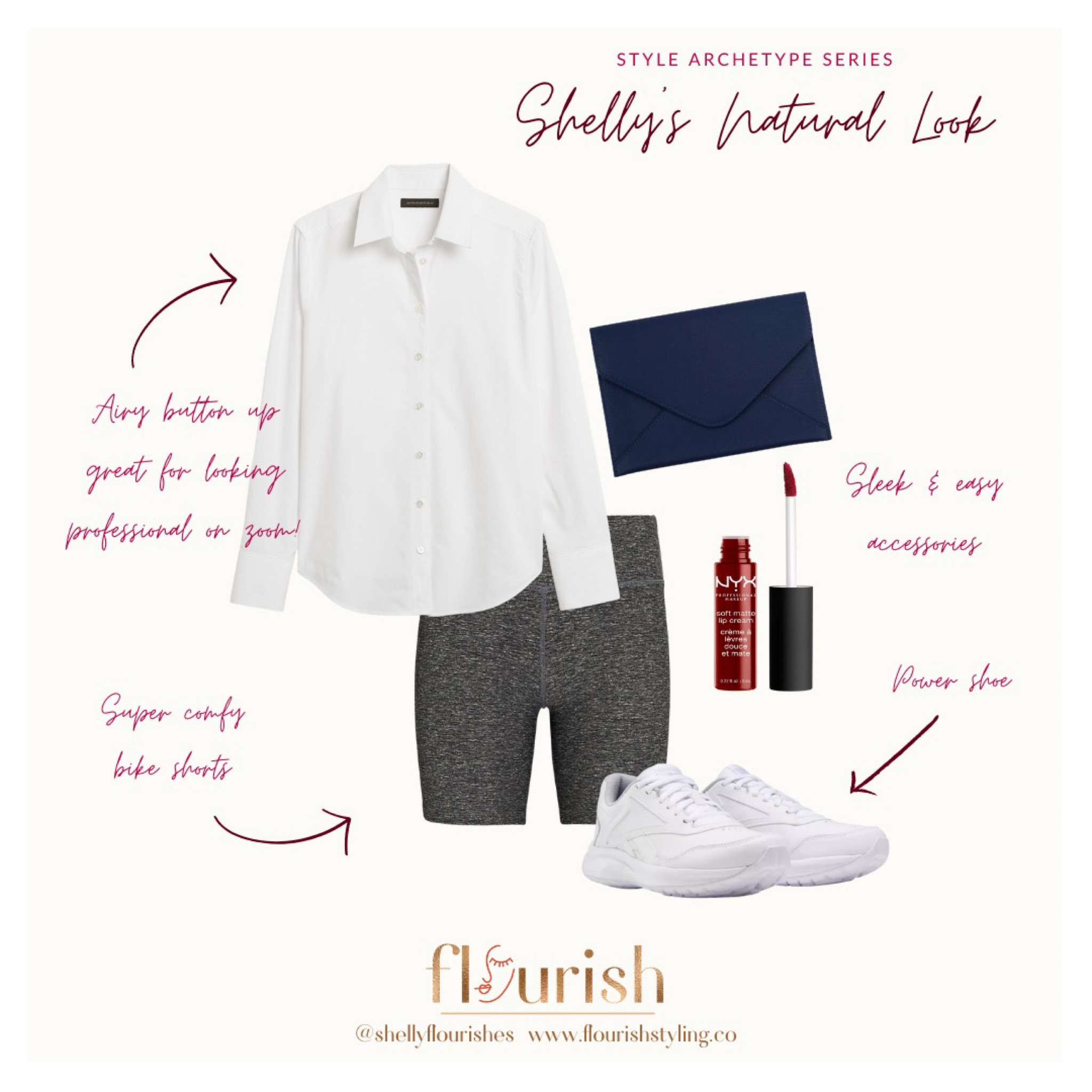 In order to celebrate our dive into the Natural Style Archetype this week, our Lead Stylist Shelly is showcasing one of her go-to summer outfits that just so happens to resonate with this Archetype’s style! No muss, no fuss! A lightweight button down adds an air of professionalism as she conducts her Zoom calls, all while sporting super comfortable bike shorts that are super breathable. Since she is a Creative Gamine, she adds flair with her lip color and sleek envelope clutch. It’s an outfit you can  live in 24/7!

#LTKunder100 #LTKFind #LTKstyletip