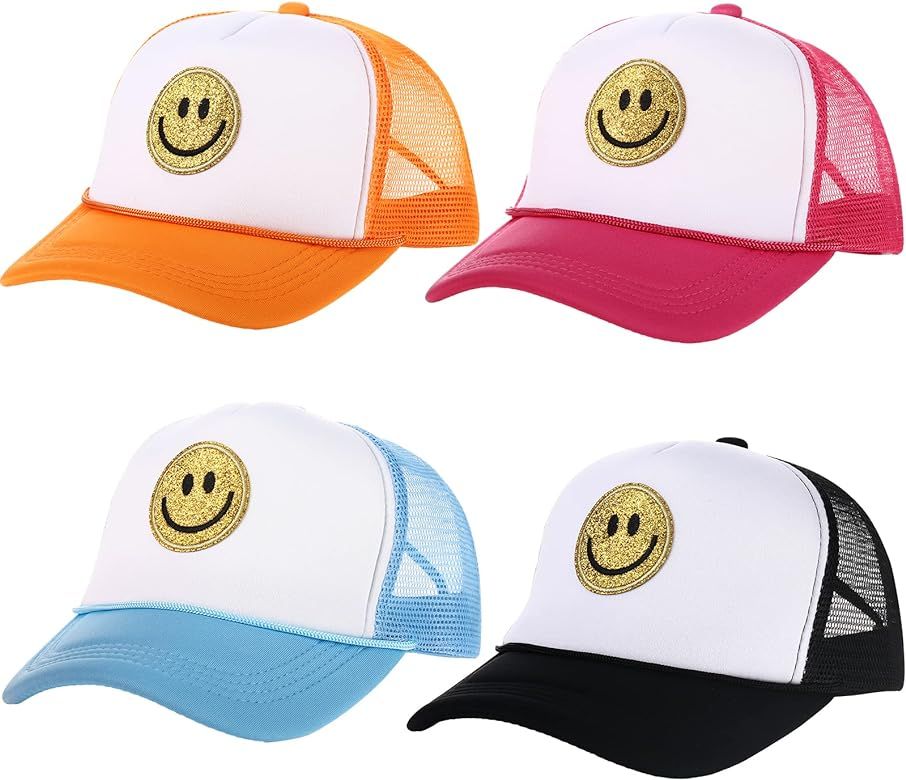 4 Pack Preppy Hat Smile Hat Stylish Smile Face Sequins Printing Trucker Hat Neon High Crown Foam ... | Amazon (US)