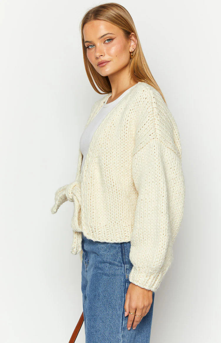 Holiday Cream Tie Up Knit Cardigan | Beginning Boutique (US)