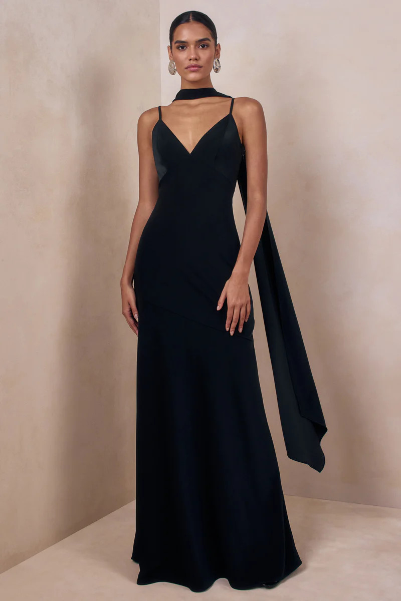 Starling  Black Satin Plunge-Neck Maxi Dress With Scarf-Detail | Club L London