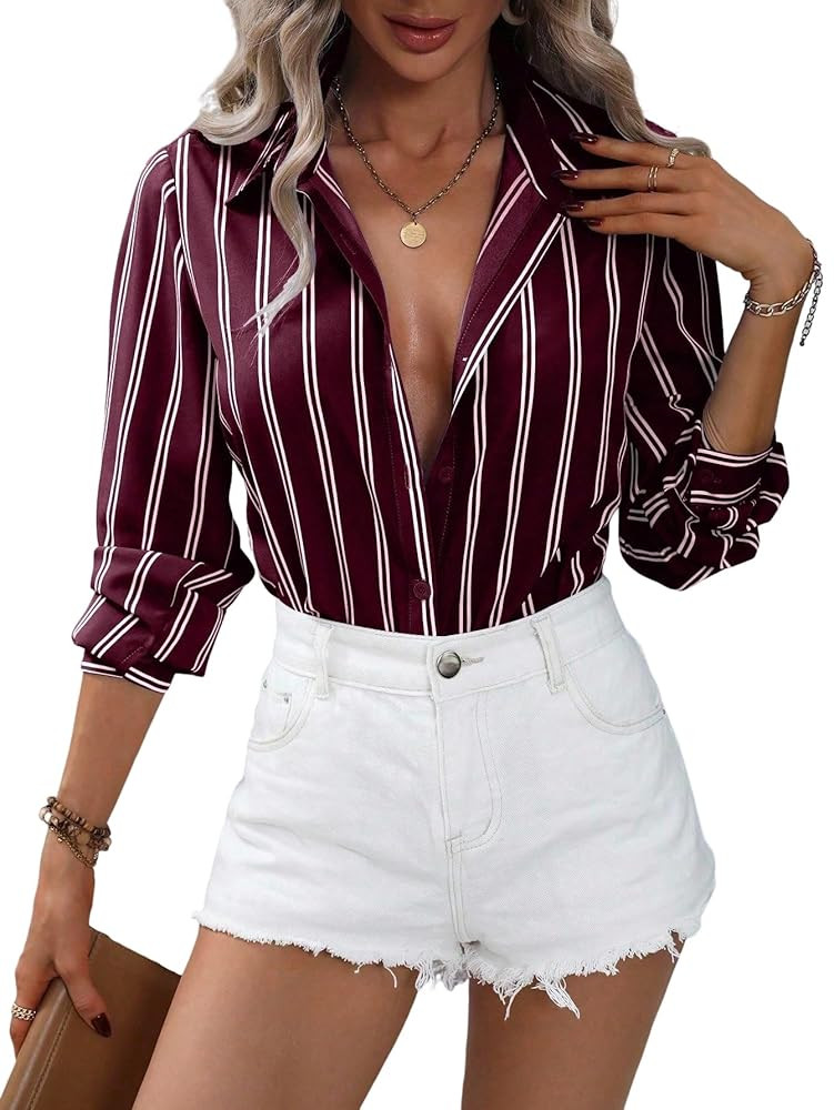Urchics Womens Long Sleeve Blouse Striped Print Button Front Shirt Fall Cloth for Women | Amazon (US)
