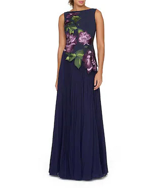 Sleeveless Embroidered Asymmetric Hem Long Gown | Dillard's