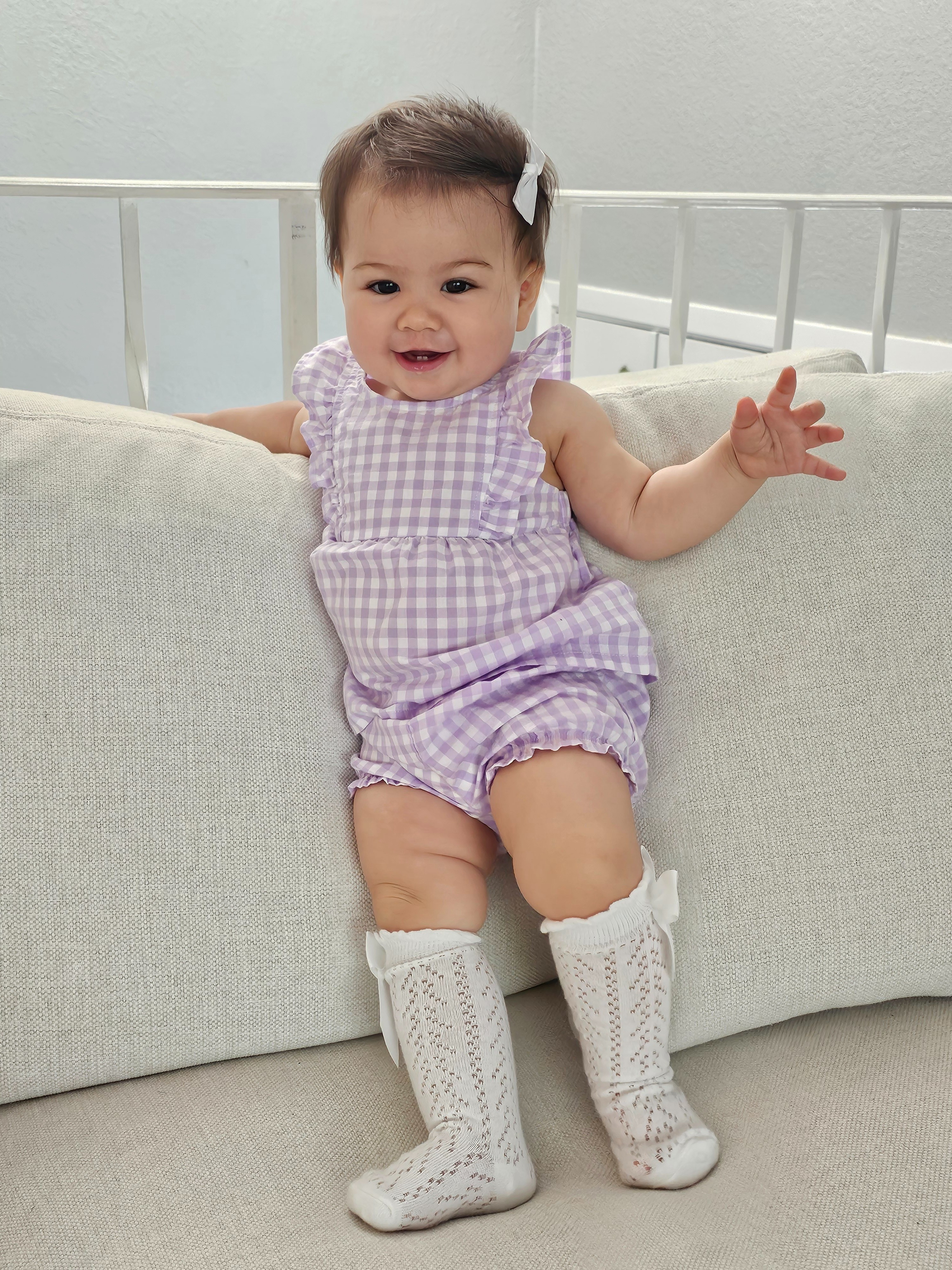 Carters gingham violet and white outfit set top and bloomers, white knee lace socks, satin white bow clip

#LTKgrwm #LTKBaby #LTKootd