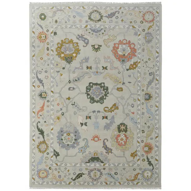 Karina Hand Knotted Wool Floral Area Rug in Gray/Light Blue/Ivory | Perigold
