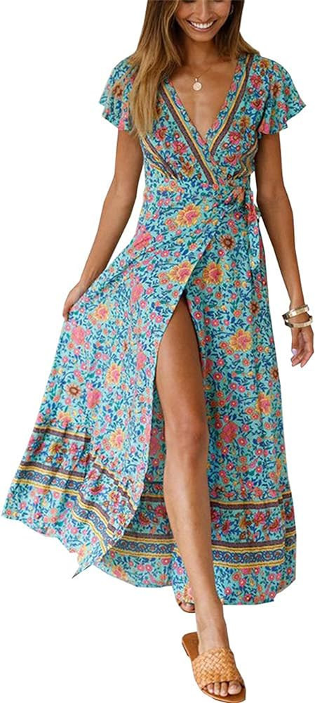 PRETTYGARDEN Womens Wrap V Neck Summer Floral Split Casual Maxi Dresses | Amazon (US)