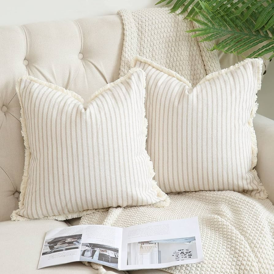 Hckot Throw Pillow Covers 24x24 Set of 2 Striped Pillow Covers with Fringe Chic Cotton Decorative... | Amazon (US)