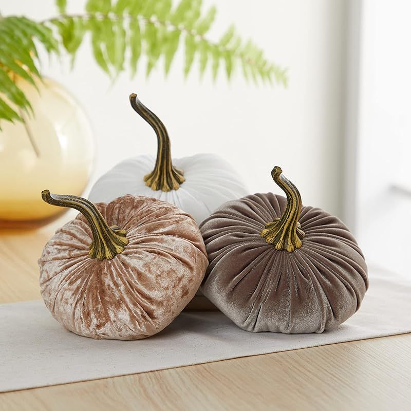 6.25 Inch Velvet Pumpkins Set of 3, Holiday Mantle Decor, Fall Halloween Thanksgiving, Rustic Fal... | Amazon (US)