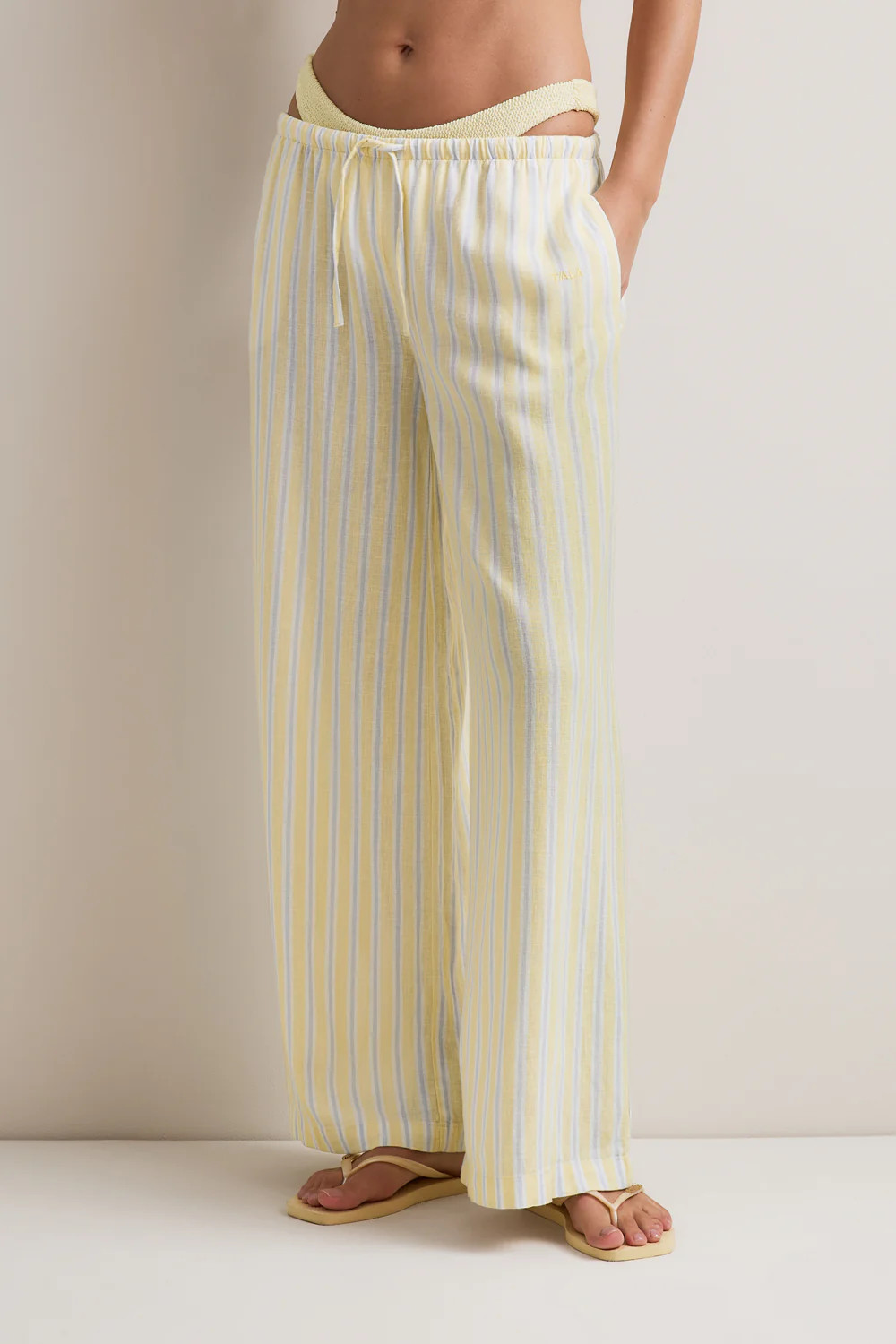 Soft Linen Drawstring Trouser - Lemon / Blue Stripe | TALA (UK)