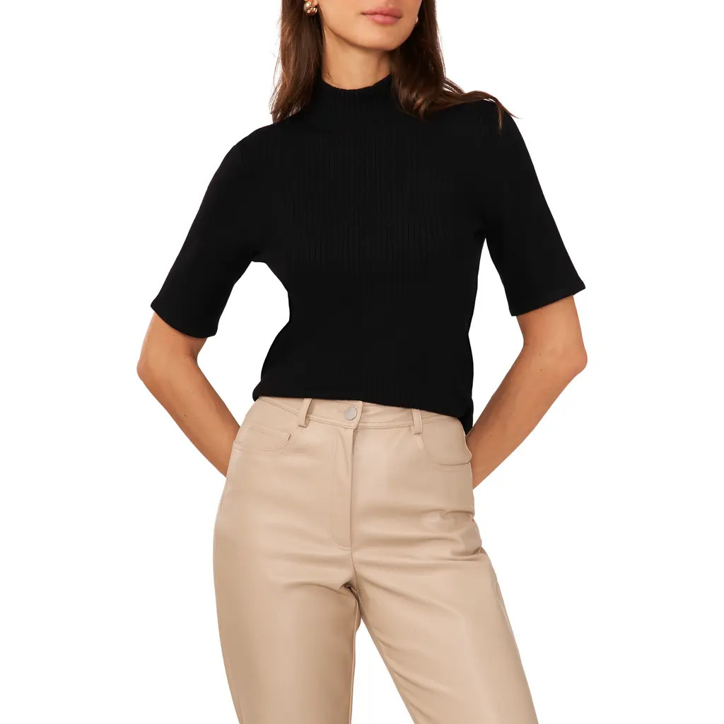 halogen(r) Short Sleeve Mock Neck Rib Sweater in Rich Black at Nordstrom, Size Large | Nordstrom