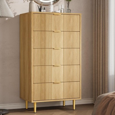Fluted Dresser for Bedroom with 5 Drawers, 44.3" Tall Modern Chest of Drawers with Metal Handle, Wooden Closet Clothes Storage Organizer, Natural | Target