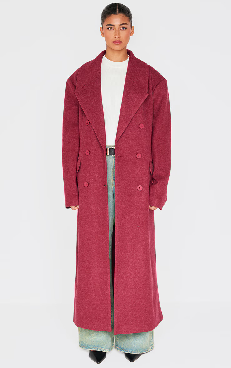 Burgundy Wool Look Double Breasted Oversized Maxi Coat | PrettyLittleThing US