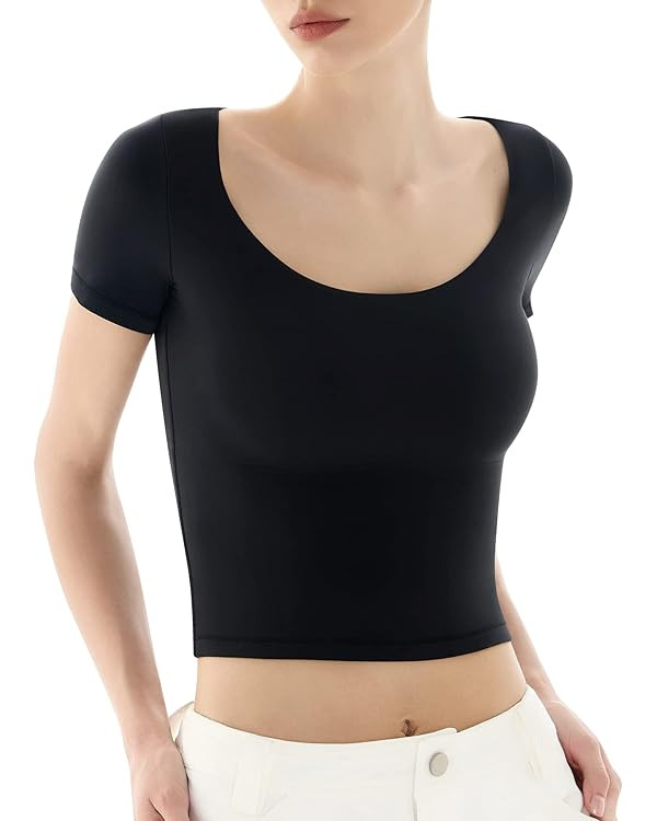 PUMIEY Women's Scoop Neck Short Sleeve T Shirt Slim Fit Sexy Tops Smoke Cloud Collection | Amazon (US)