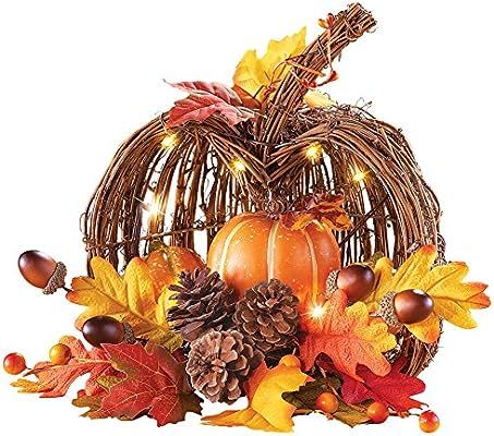 Collections Etc Lighted Rustic Wicker Pumpkin Fall Harvest Tabletop Arrangement | Amazon (US)