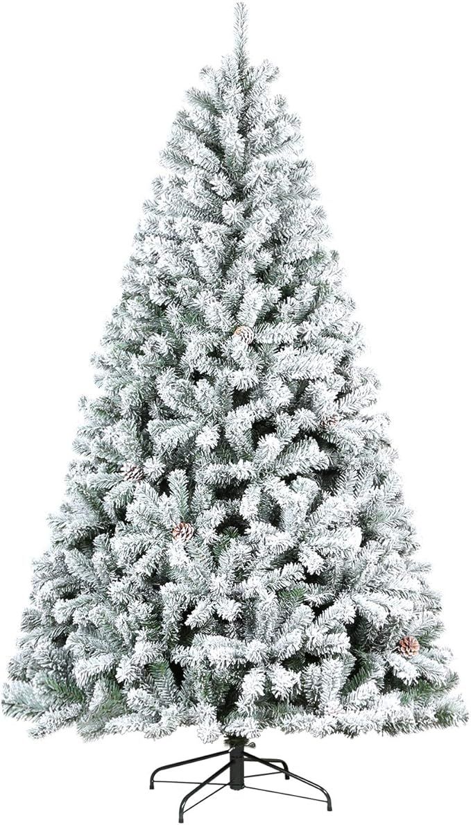 Hykolity 7.5 ft Snow Flocked Artificial Christmas Tree with Pine Cones, 1446 Tips, Metal Stand an... | Amazon (US)