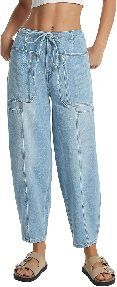 Women's Wide Leg Baggy Jeans Elastic Mid Rise Barrel Jean Loose Boyfriend Denim Pants with Drawst... | Amazon (US)
