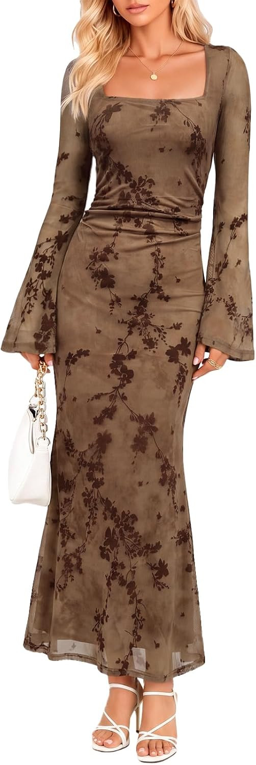 Women's Floral Bodycon Maxi Dress Square Neck Bell Long Sleeve Mesh Elegant Wedding Guest Cocktail Party Dresses | Amazon (US)