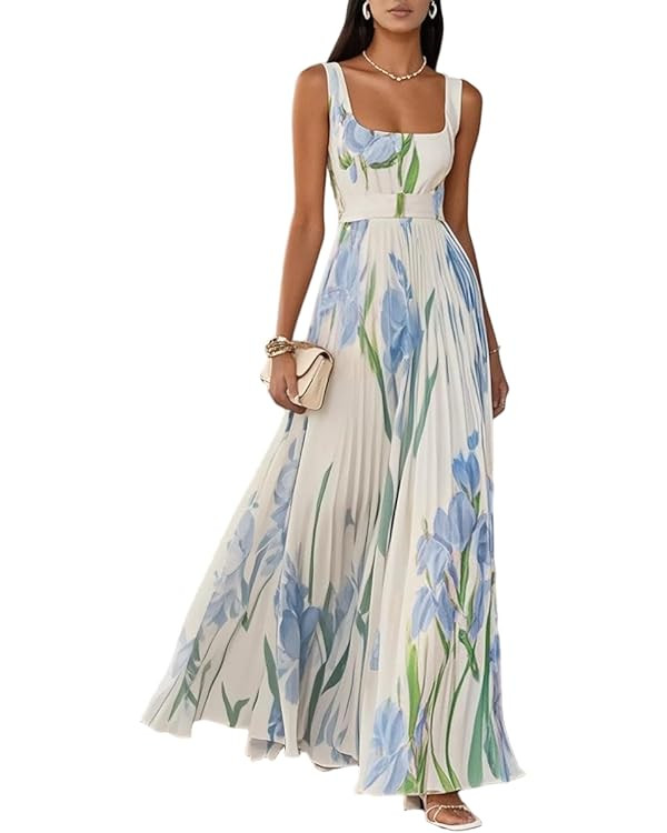 Women's Sleeveless Square Neck Pleated Maxi Dress Flowy Swing A Line Tank Sundresses 2025 | Amazon (US)
