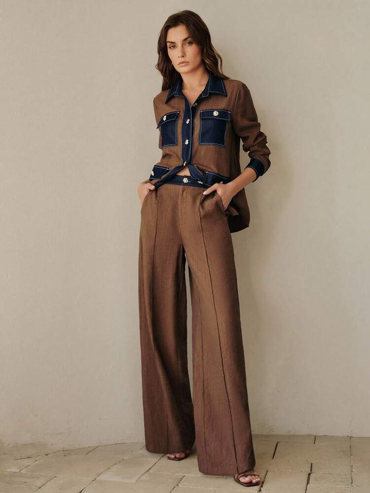 Anewsta Vintage Waistband Colorblock Textured Fabric Straight Leg Pants, Spring/Summer Wide Leg Pants Woman Women Pants | SHEIN