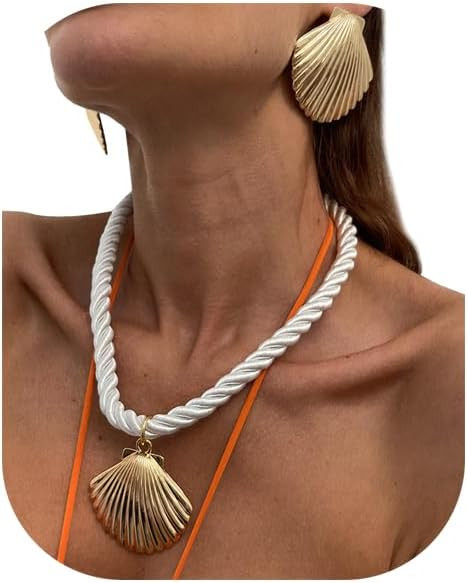Summer Vintage Big Shell Pendant Necklaces Earrings Set for Women Boho Beach Thick Twisted Rope C... | Amazon (US)