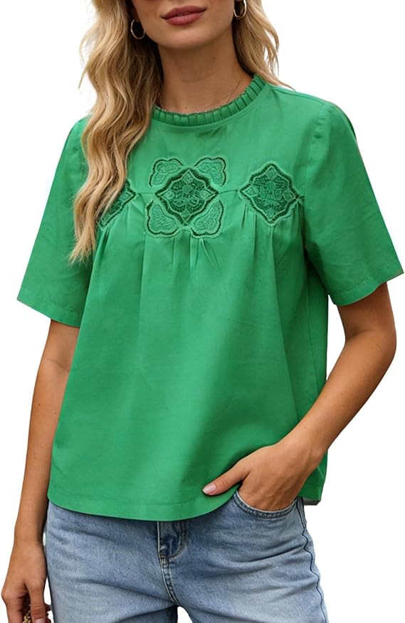 Women's Cotton Lace Flared Blouse Short Sleeve Crew Neck Babydoll Top Mesh Swing Tshirts with Del... | Amazon (US)
