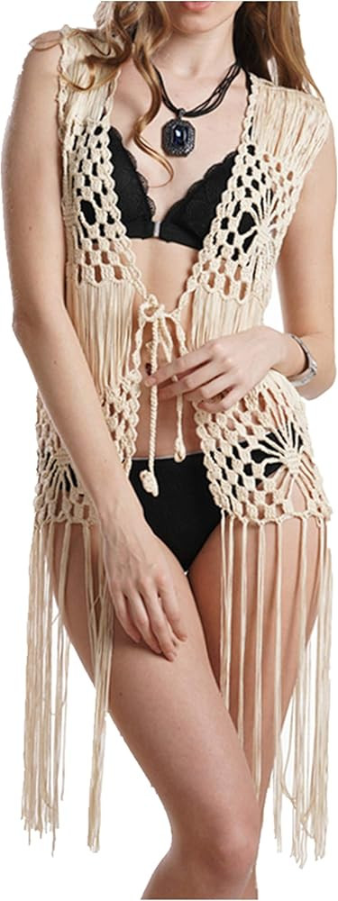Sleeveless Long Fringe Crochet Vest Beach Bikini Cover up Hippie Clothes for Women Free Size Summ... | Amazon (US)