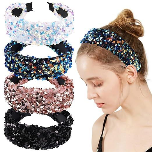 4 Pack Sequin Wide Headbands Turban Hairbands for Women,Elastic Mermaid Headbands Hair Hoops Fash... | Amazon (US)