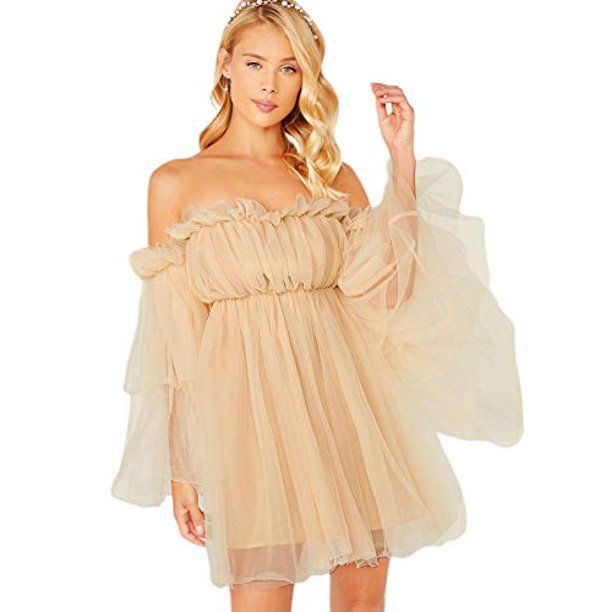 Romwe Women's Romantic Off Shoulder Flounce Long Sleeve Wedding Ruffle Mesh Party Mini Dress Beig... | Walmart (US)
