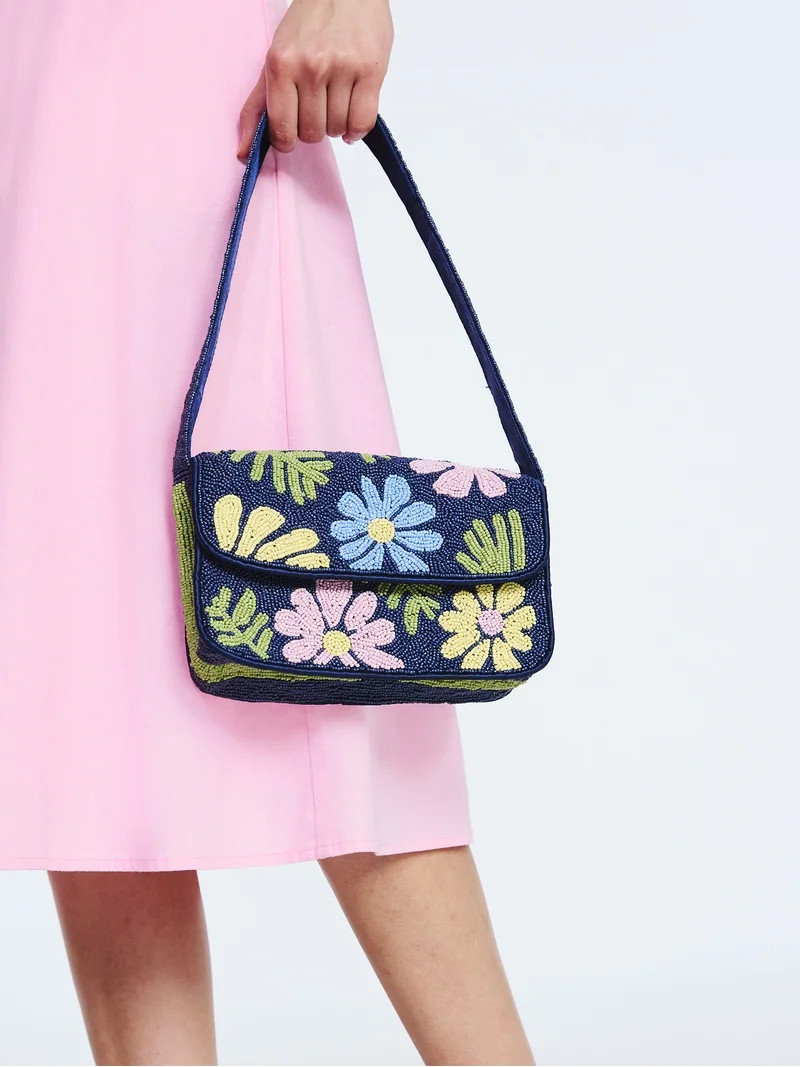 Scoop Women's Beaded Flap Shoulder Bag, Navy Print | Walmart (US)