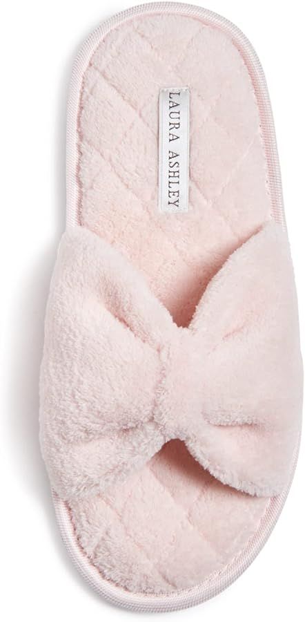 Laura Ashley Womens Plush Terry Open Toe Memory Foam Spa Slippers, Rubber Sole Bow Band Home Slid... | Amazon (US)