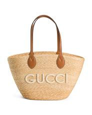 Made In Italy Raffia And Leather Medium Tote With Patch Logo | TJ Maxx