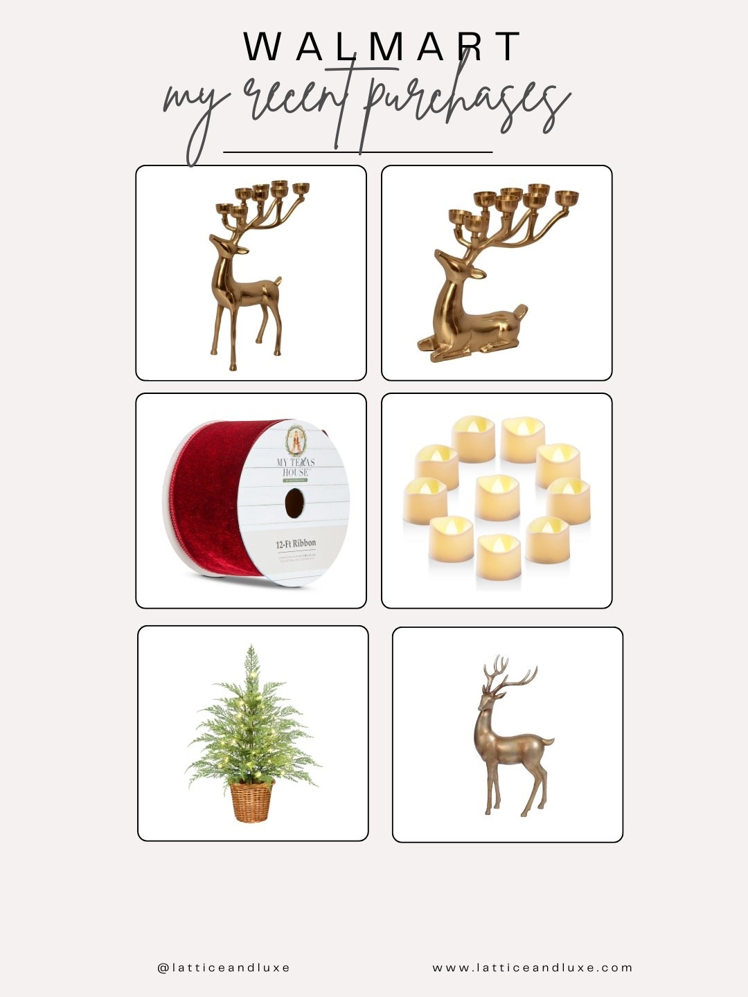 ✨ Holiday Glow-Up from Walmart ✨

My recent Walmart finds are bringing all the cozy Christmas charm this season! 🎄
I picked up:
🦌 The My Texas House Cast Aluminum Reindeer Tealight Holders — both the large sitting (14”) and standing (20”) versions in gold
🎀 A burgundy ribbon for a rich, classic touch
🕯️ Battery-operated tealights for a soft glow
🌲 A baby cypress tree with twinkling lights for that simple, elegant sparkle

I love how these pieces tie together — timeless gold tones, warm light, and a cozy holiday vibe that fits perfectly in any space. 

#WalmartFinds #HolidayDecor #ChristmasDecor #MyTexasHouse #LTKHome #LTKHoliday #HolidayVibes

#LTKHoliday #LTKSeasonal #LTKHome