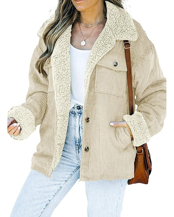 Dokotoo Corduroy Sherpa Jacket for Women Button Down Fleece Fur Collar Winter Warm Coat | Amazon (US)