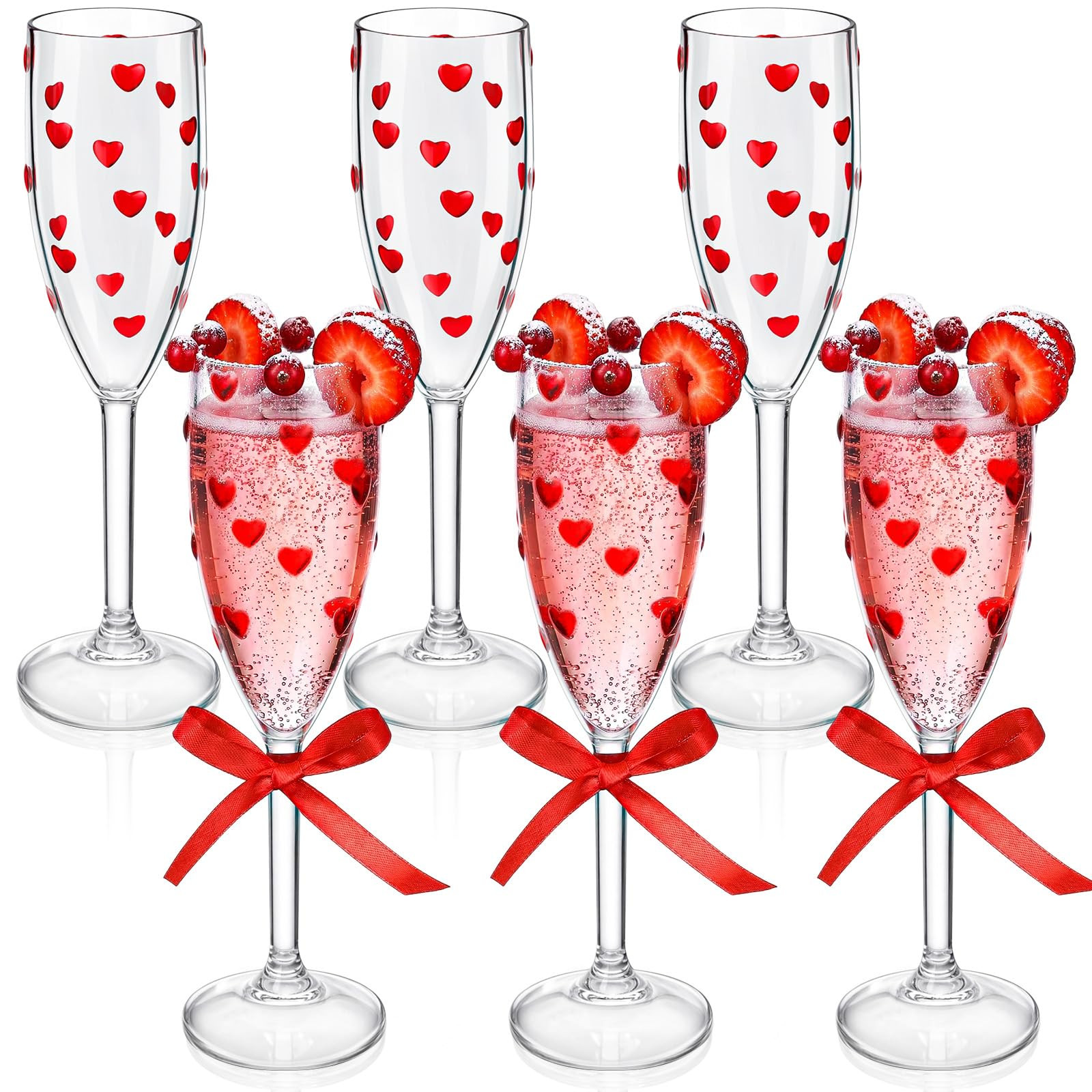 FoldTier 6 Pack Valentines Day Heart Shaped Champagne Flutes 6.5 oz Clear Red Hearts Plastic Cham... | Amazon (US)