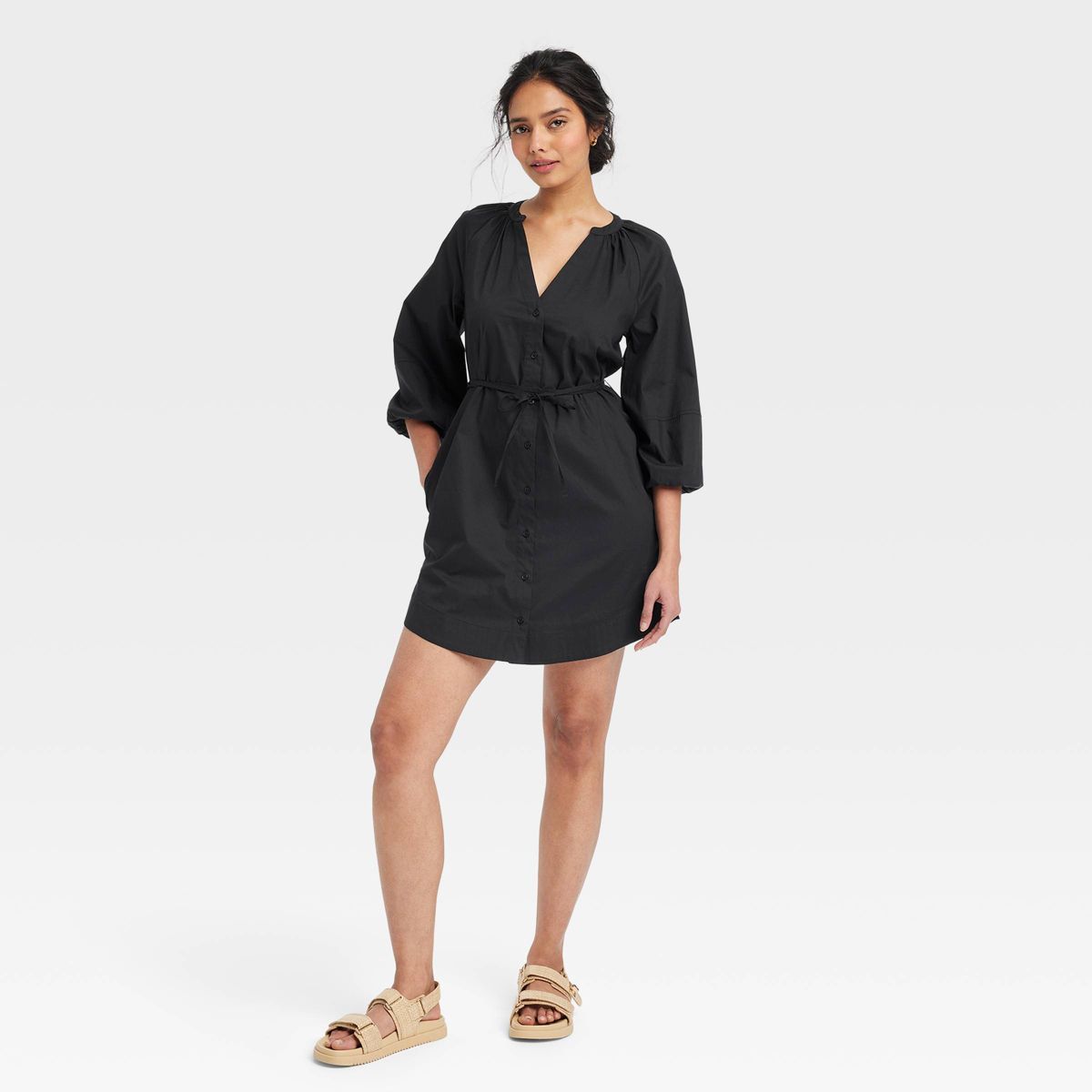 Women's Balloon 3/4 Sleeve Mini Shirtdress - A New Day™ Black XS | Target