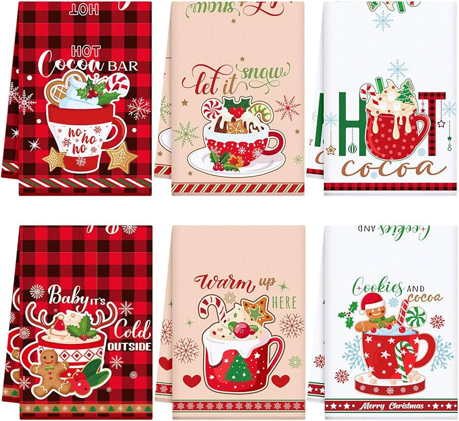 Peryiter 6 Pcs Christmas Hot Cocoa Bar Kitchen Towels 24 x 16 Inch Absorbent Christmas Dish Towel... | Amazon (US)