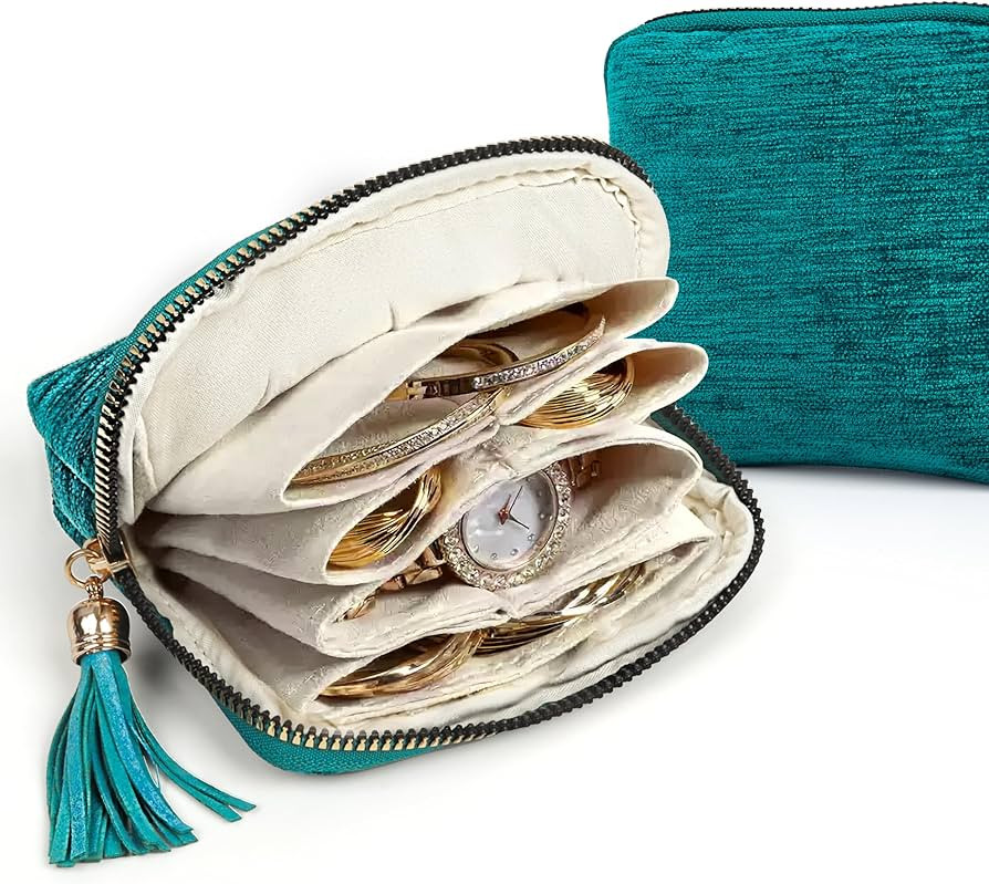 LOTOFUN Jewelry Organizer Case for Travel: 5-Layer Velvet Zipper Pouch Bag for Bangles Link Brace... | Amazon (US)