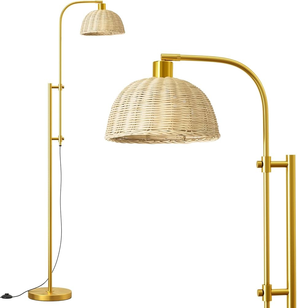 Oneach 65" Arc Floor Lamp for Living Room, Adjustable Height Gold Floor Lamps with Rattan Lampsha... | Amazon (US)