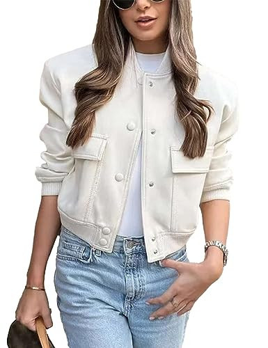 Megfie Womens Cropped Bomber Jacket Button Down Varsity Jackets Shackets with Pockets(0394-Beige-S) | Amazon (US)