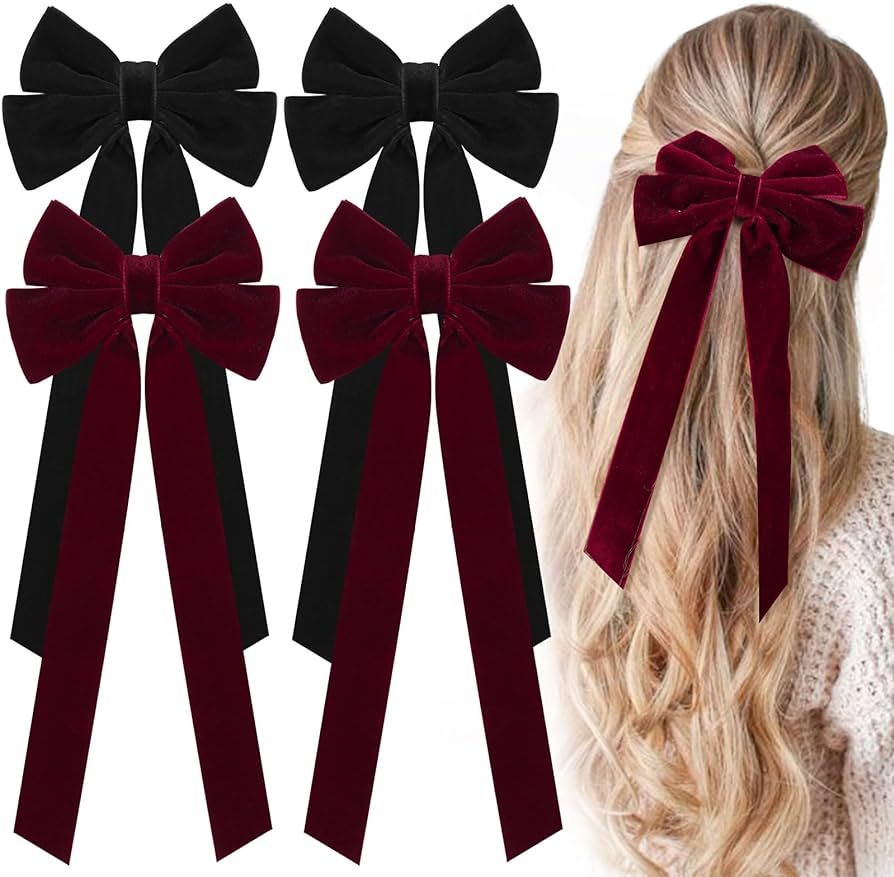 4 PCS Velvet Hair Bows For Girls, Burgundy Bow Clips For Women, CN Velvet Large Hair Bows With Al... | Amazon (US)