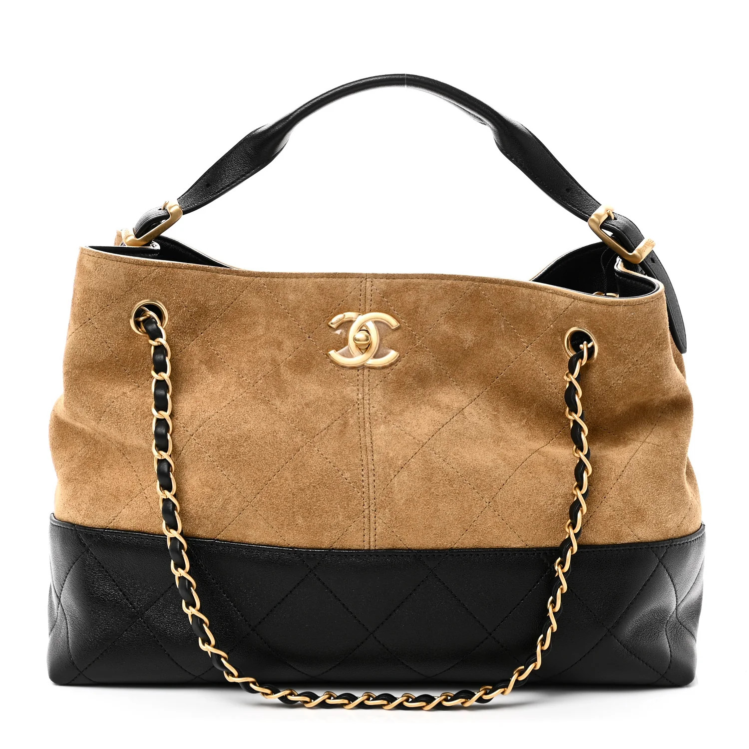 Chanel Suede Calfskin Shiny Lambskin Quilted Small Coco Base Shopping Bag Beige Black 1860687 | FASHIONPHILE (US)