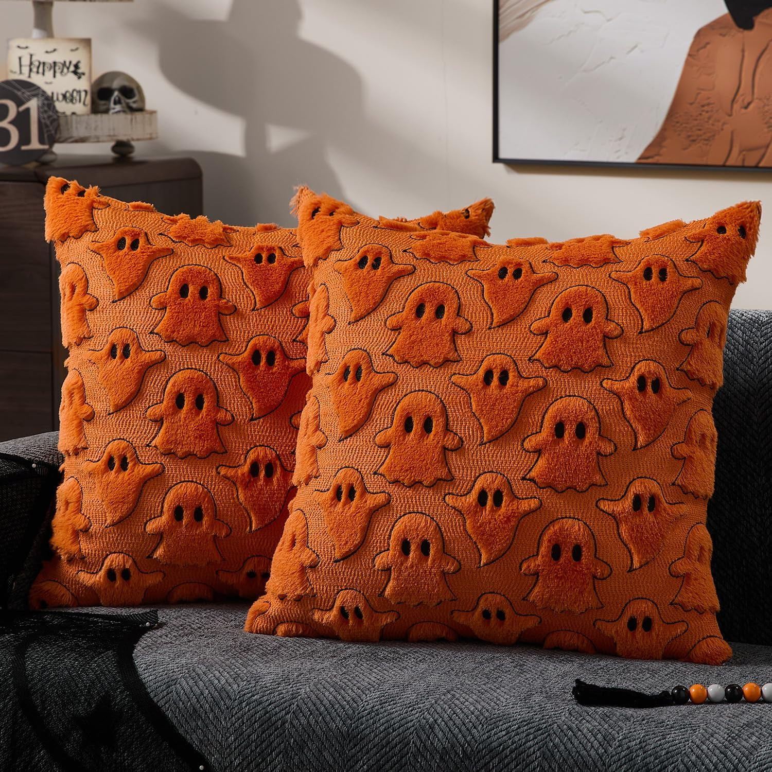 DFXSZ Halloween Pillow Covers 18x18 inch 2Pcs Orange Black Ghost Halloween Decor | Amazon (US)