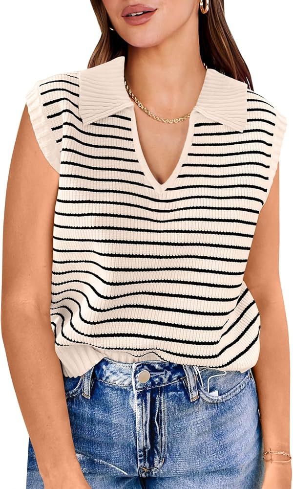 ANRABESS Women Summer Tank Tops Striped Sleeveless Polo V Neck Knit Sweater Vest Shirts 2025 Tren... | Amazon (US)